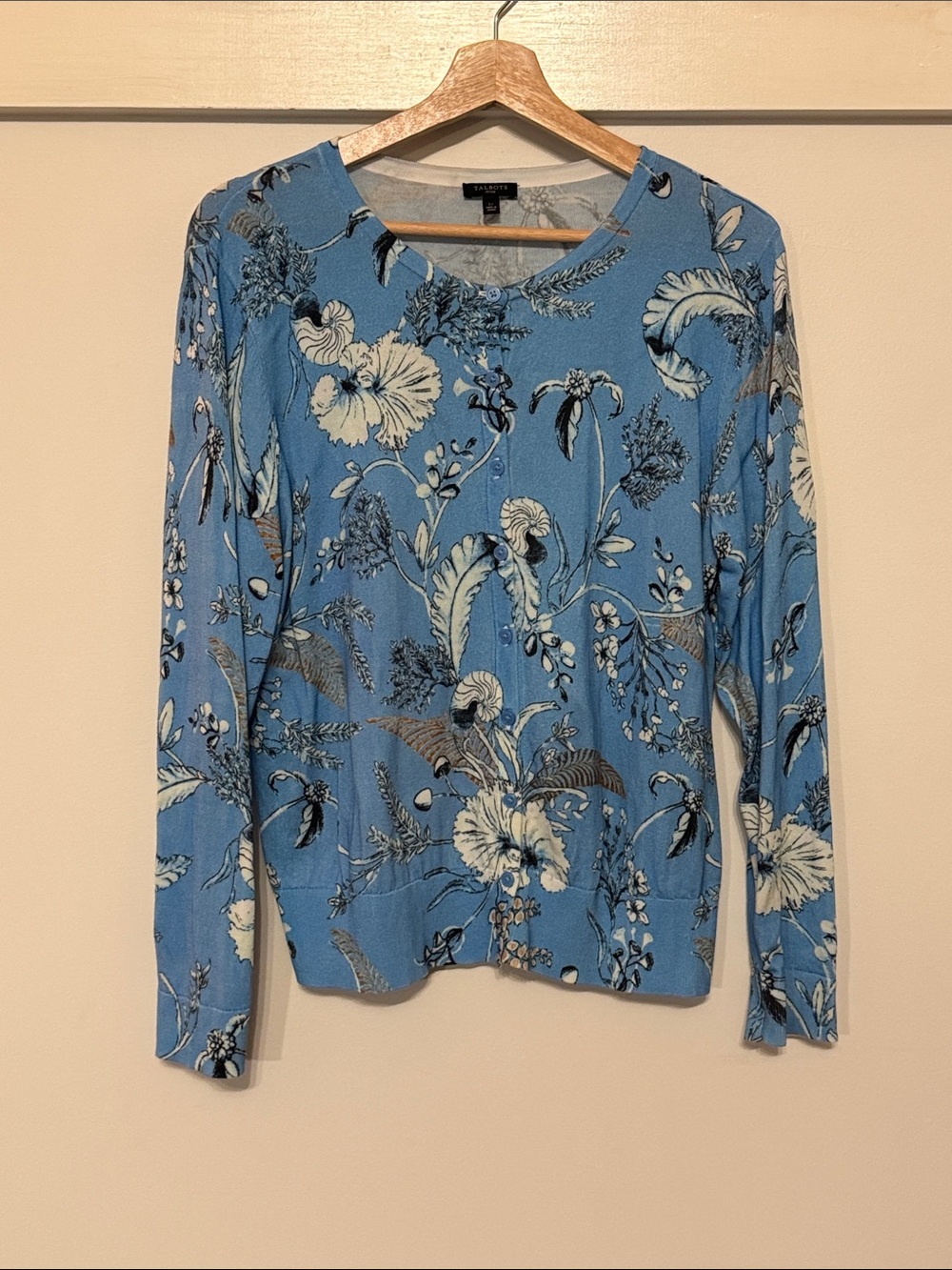 Talbots Floral Cardigan Blue Botanical Cotton Rayon Button Front Sweater P Large